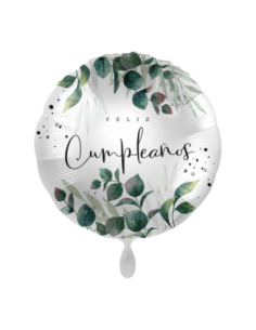 Globo mylar "Feliz cumpleaños" hojas eucalipto 45 cm