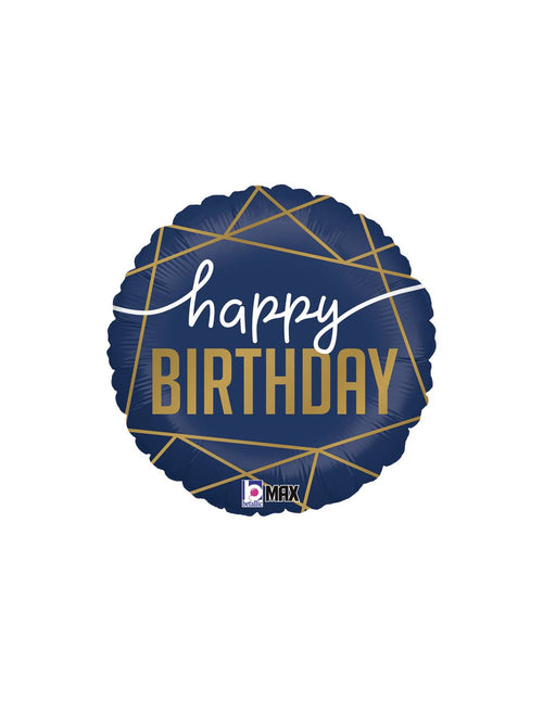 Globo mylar "Happy birthday" azul rayas oro 45 cm