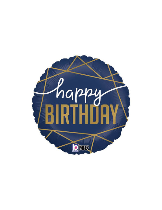 Globo mylar "Happy birthday" azul rayas oro 45 cm