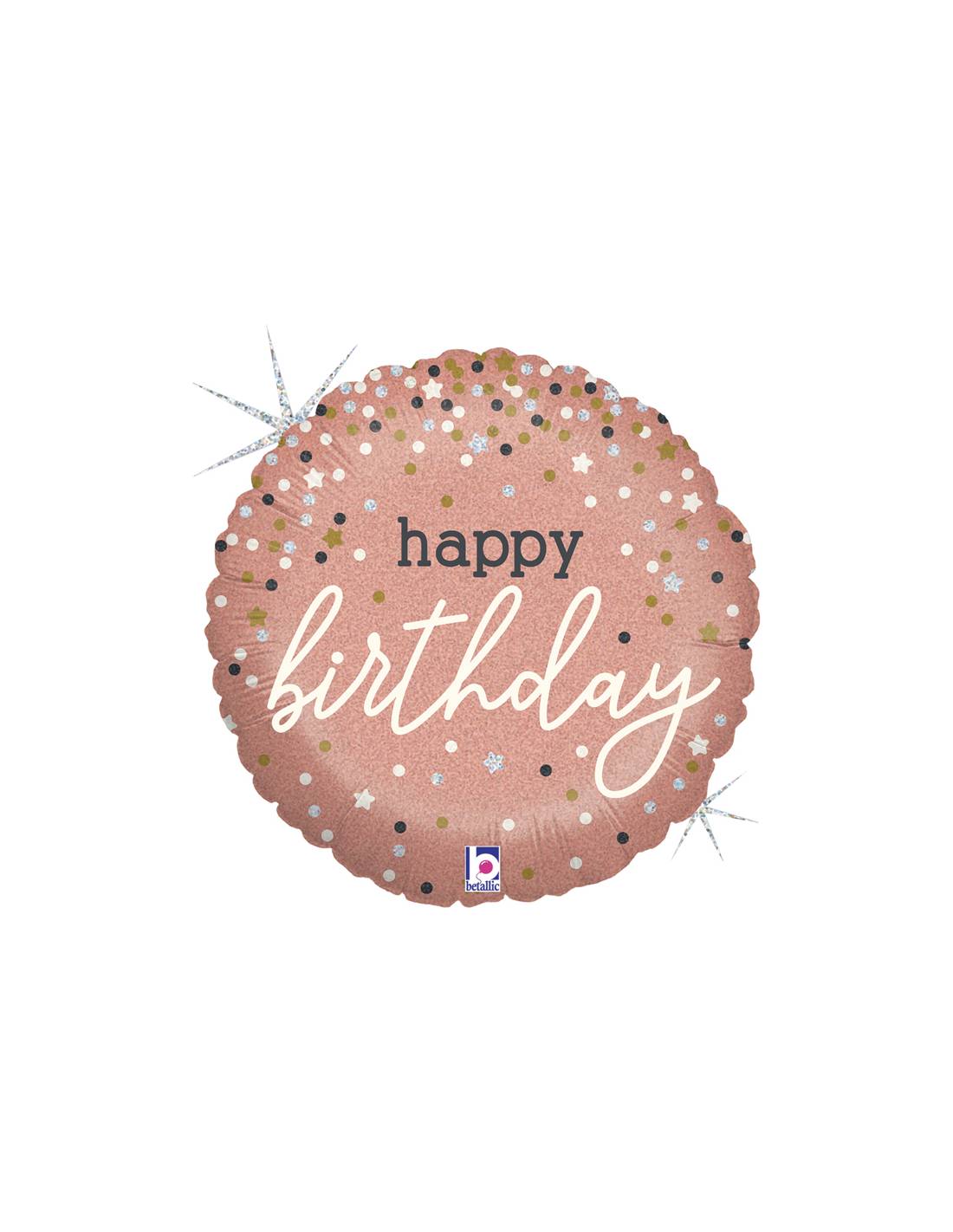 Globo mylar "Happy birthday" oro rosa, puntos y estrellas 45 cm