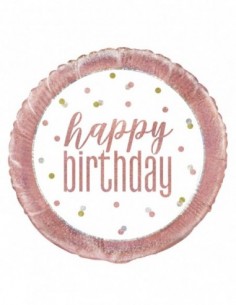 Globo mylar "Happy birthday" puntos rosa, oro y plata 45 cm