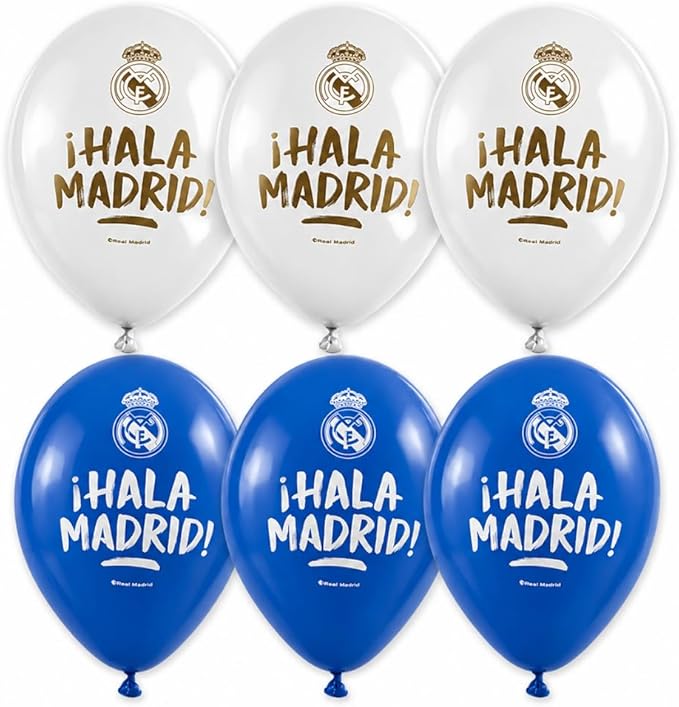 6 globos látex "Hala Madrid" 28 cm azul y blanco