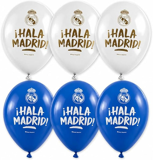 6 globos látex "Hala Madrid" 28 cm azul y blanco
