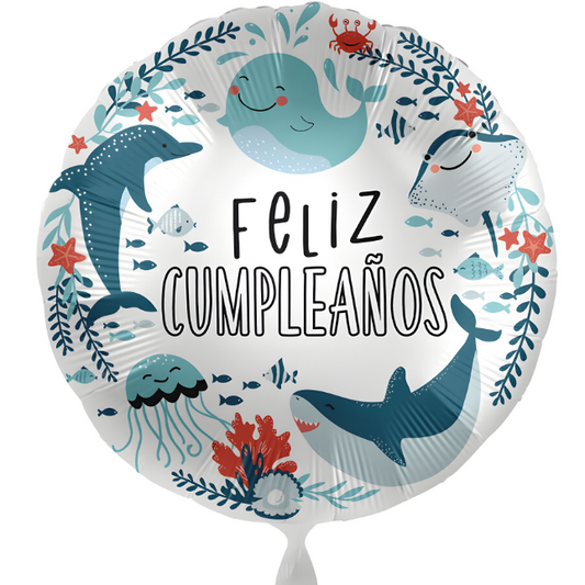 Globo mylar "Feliz cumpleaños" animales marinos 45 cm