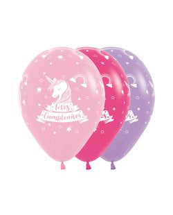 12 globos látex "Feliz cumpleaños" unicornio 28cm