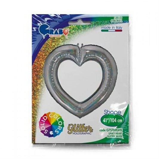 Globo corazón hueco plata holográfico 104 cm