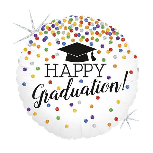 Globo "Happy graduation" blanco topos colores 45 cm