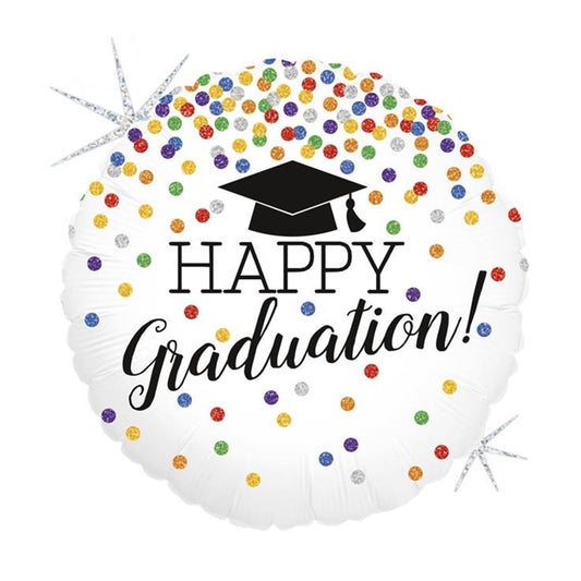 Globo "Happy graduation" blanco topos colores 45 cm
