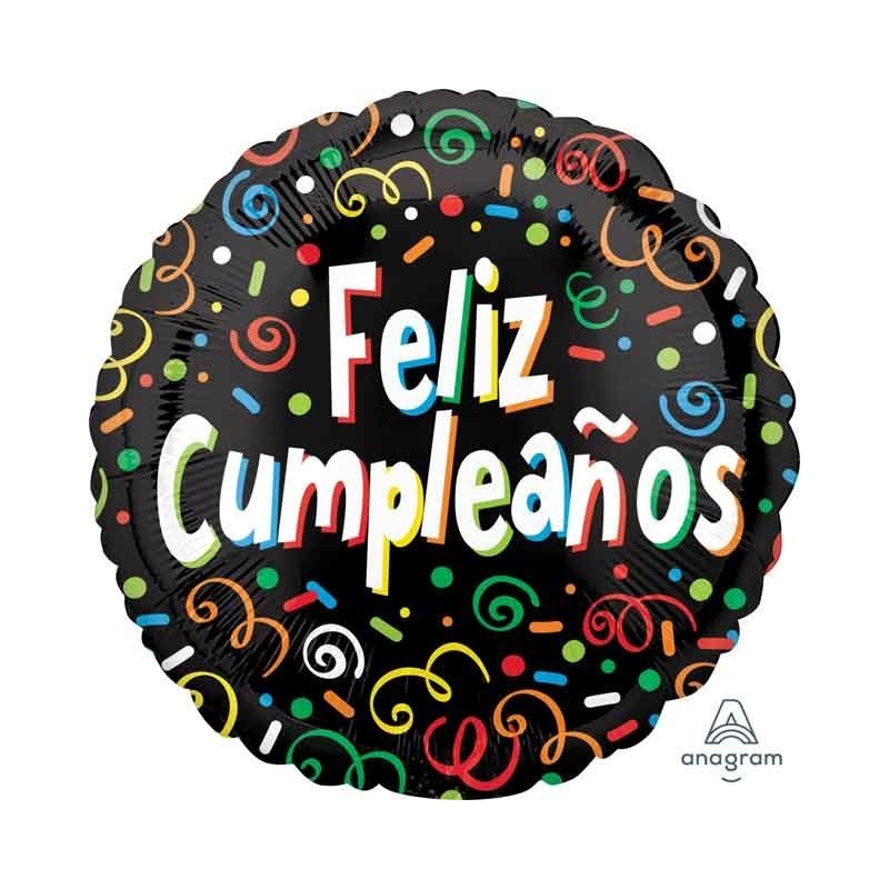 Globo mylar "Feliz cumpleaños" negro fiesta 45 cm