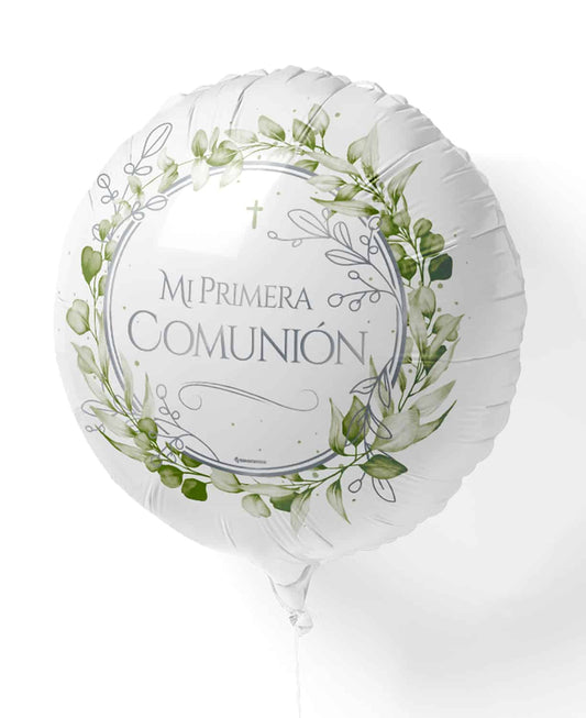 Globo mylar "Mi Primera Comunión" cruz y hojas 43 cm